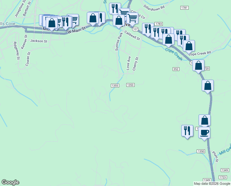 map of restaurants, bars, coffee shops, grocery stores, and more near 627 Sunrise Park in Sylva