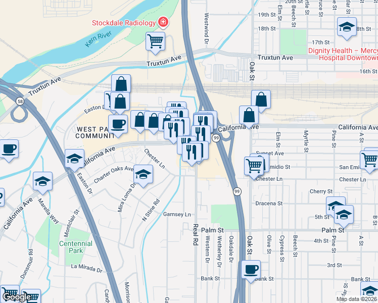 map of restaurants, bars, coffee shops, grocery stores, and more near 1801 Real Road in Bakersfield