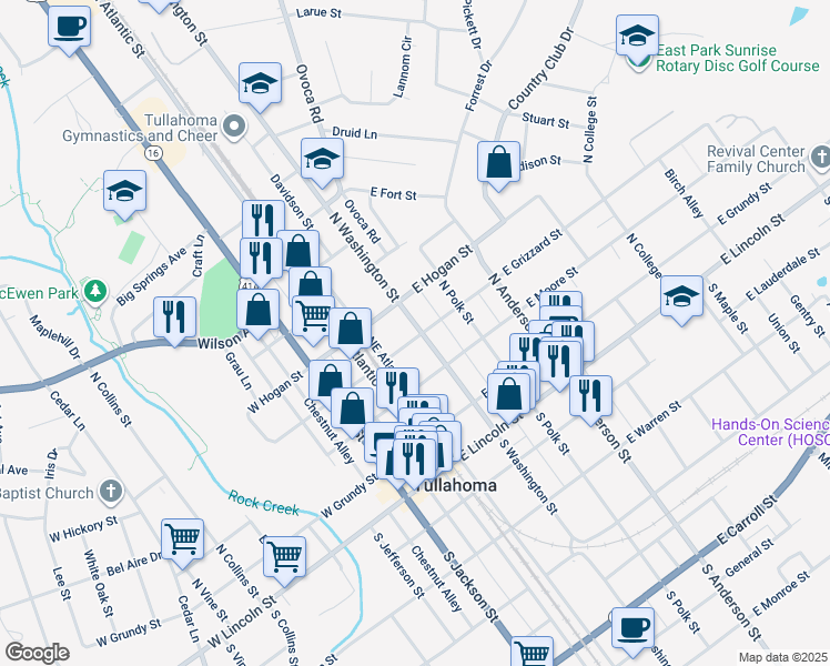 map of restaurants, bars, coffee shops, grocery stores, and more near 401 North Washington Street in Tullahoma