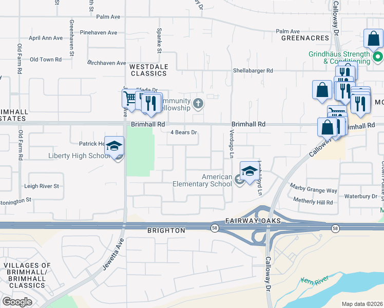 map of restaurants, bars, coffee shops, grocery stores, and more near 10722 Beaver Creek Drive in Bakersfield