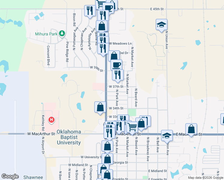 map of restaurants, bars, coffee shops, grocery stores, and more near 302 West 36th Street in Shawnee