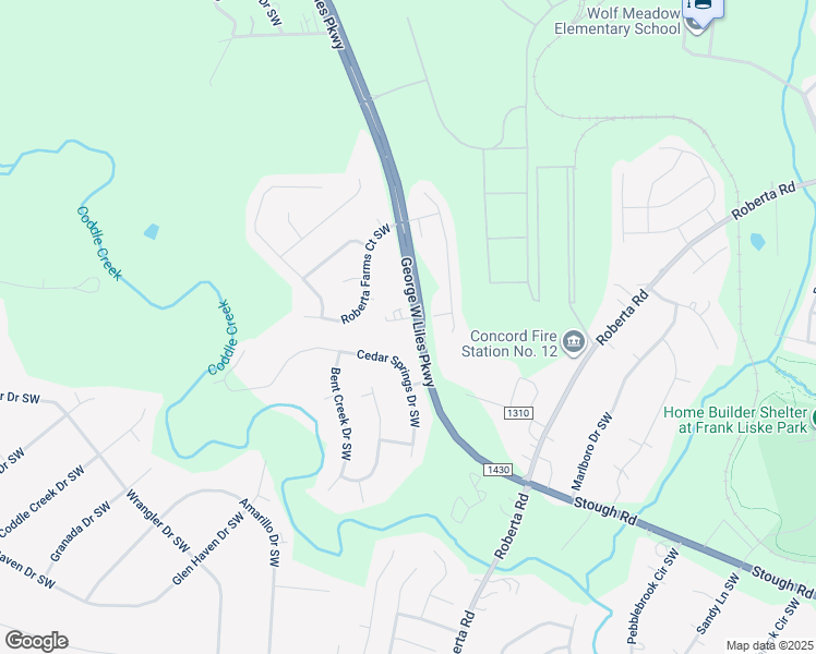 map of restaurants, bars, coffee shops, grocery stores, and more near 560 George W Liles Parkway in Concord