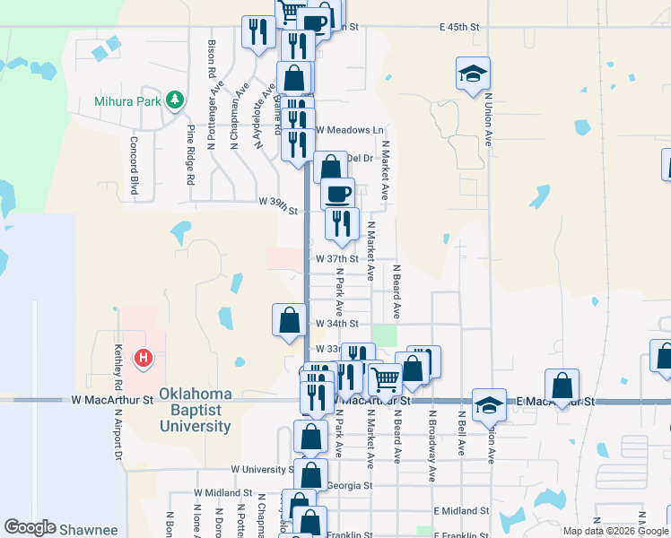 map of restaurants, bars, coffee shops, grocery stores, and more near 302 West 36th Street in Shawnee