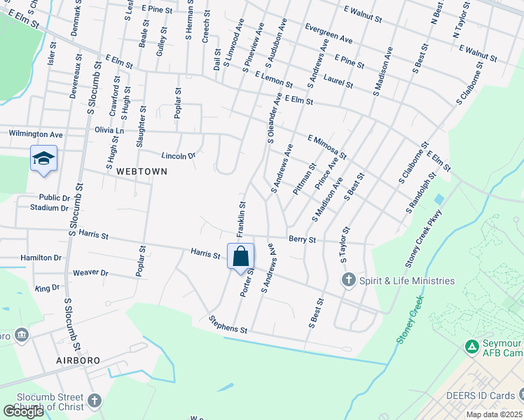 map of restaurants, bars, coffee shops, grocery stores, and more near 1005 South Andrews Avenue in Goldsboro