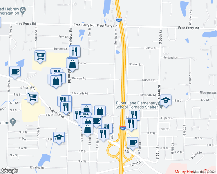 map of restaurants, bars, coffee shops, grocery stores, and more near 5909 Ellsworth Road in Fort Smith