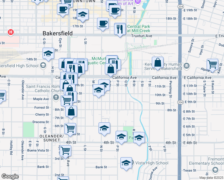 map of restaurants, bars, coffee shops, grocery stores, and more near 1008 O Street in Bakersfield