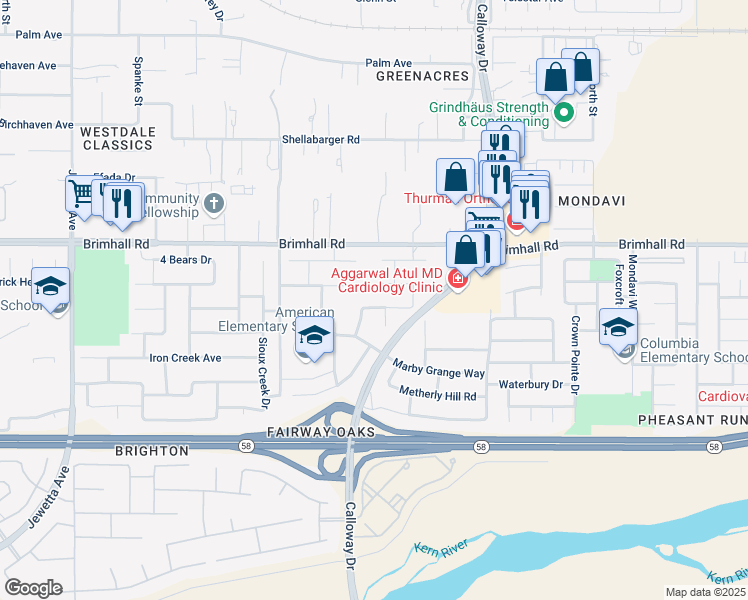 map of restaurants, bars, coffee shops, grocery stores, and more near 10112 Brookline Woods Drive in Bakersfield