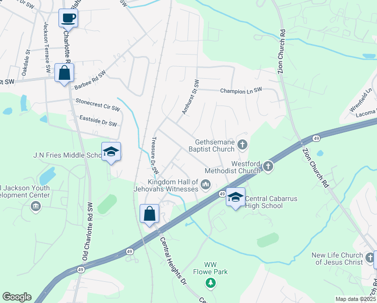map of restaurants, bars, coffee shops, grocery stores, and more near 550 Brown Lee Drive Southwest in Concord
