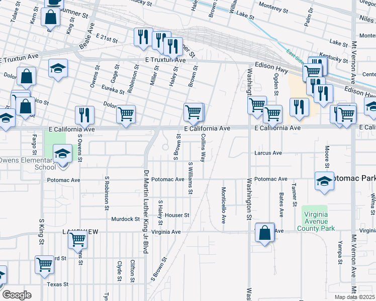 map of restaurants, bars, coffee shops, grocery stores, and more near 1024 Williams Street in Bakersfield