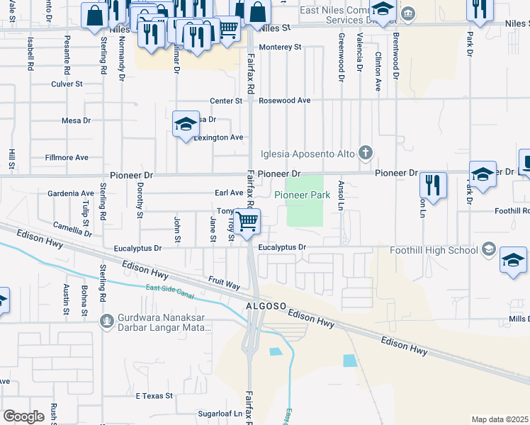 map of restaurants, bars, coffee shops, grocery stores, and more near 542 Sloan Lane in Bakersfield