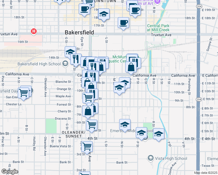 map of restaurants, bars, coffee shops, grocery stores, and more near 1010 L Street in Bakersfield