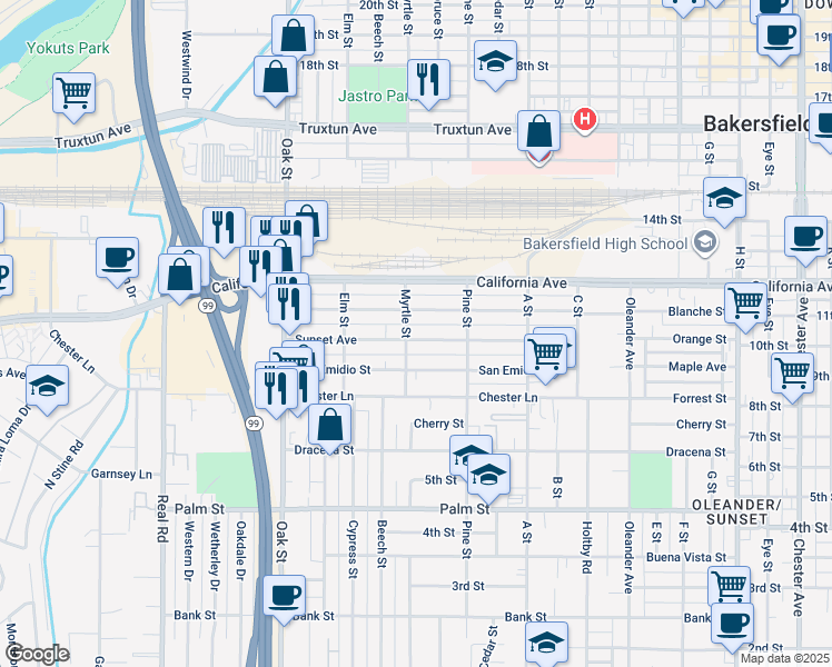 map of restaurants, bars, coffee shops, grocery stores, and more near 2730 Sunset Avenue in Bakersfield