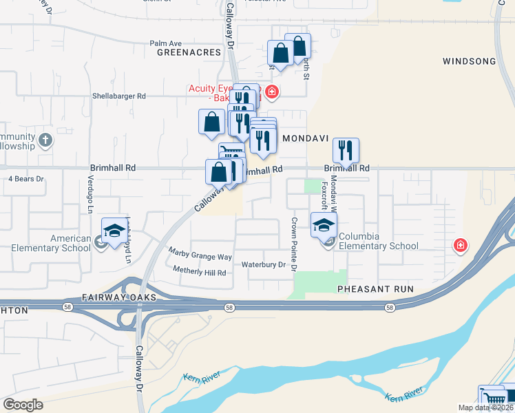 map of restaurants, bars, coffee shops, grocery stores, and more near 915 Shepperton Drive in Bakersfield
