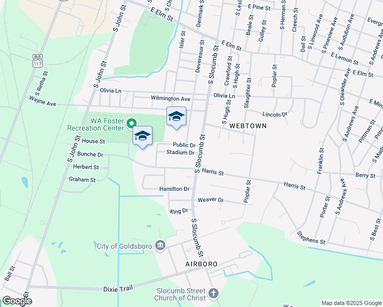 map of restaurants, bars, coffee shops, grocery stores, and more near 521 Stadium Drive in Goldsboro