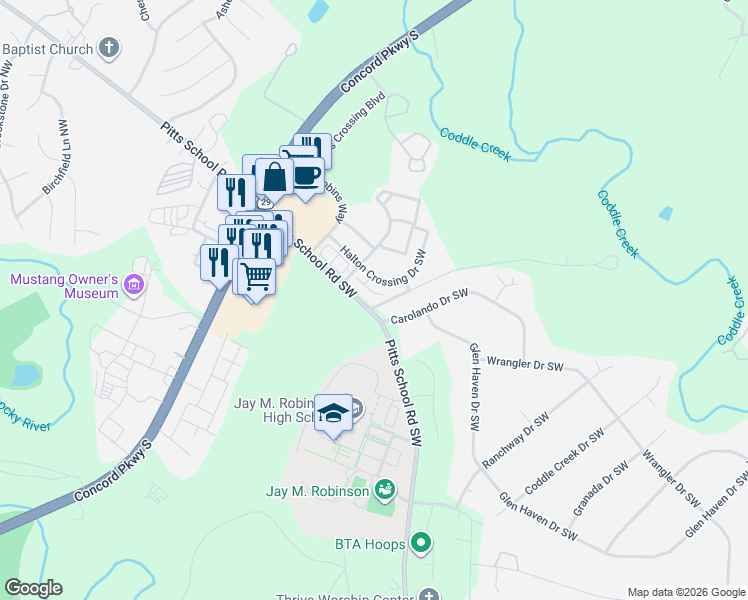 map of restaurants, bars, coffee shops, grocery stores, and more near 3718 Aldeburgh Road Southwest in Concord
