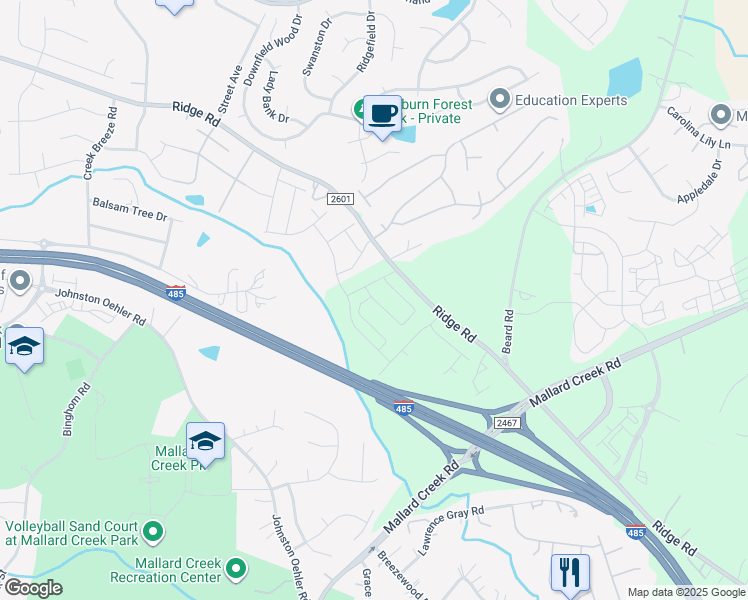 map of restaurants, bars, coffee shops, grocery stores, and more near 4503 Ridge Road in Charlotte