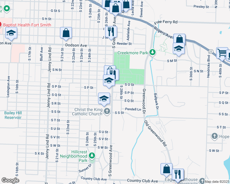 map of restaurants, bars, coffee shops, grocery stores, and more near 1615 South Greenwood Avenue in Fort Smith