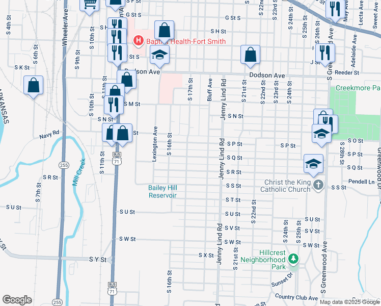 map of restaurants, bars, coffee shops, grocery stores, and more near 1625 South Q Street in Fort Smith