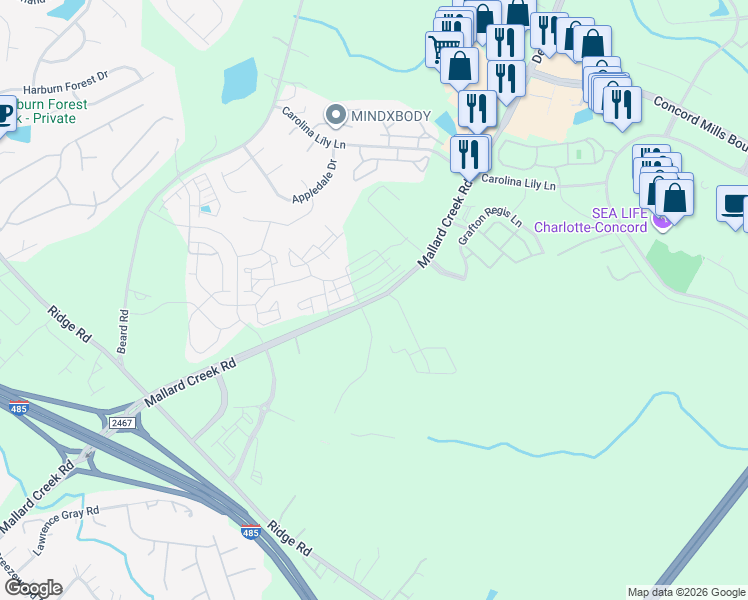 map of restaurants, bars, coffee shops, grocery stores, and more near 2749 Mallard Creek Road in Charlotte