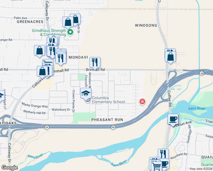 map of restaurants, bars, coffee shops, grocery stores, and more near 909 Harvest Creek Road in Bakersfield