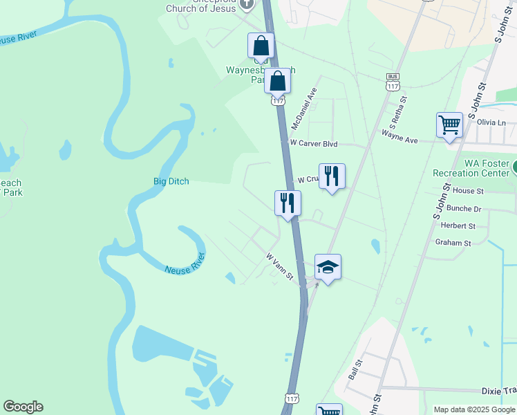 map of restaurants, bars, coffee shops, grocery stores, and more near 105 West Neuse Circle in Goldsboro
