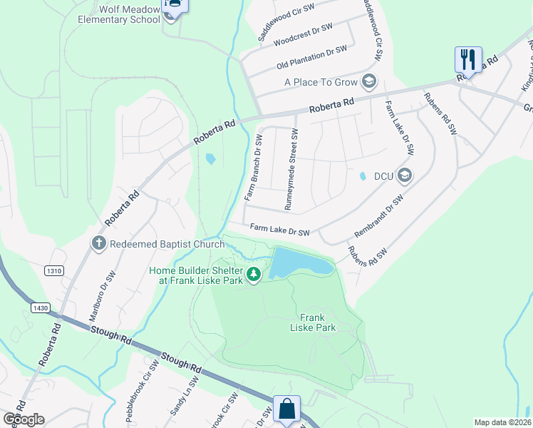 map of restaurants, bars, coffee shops, grocery stores, and more near 1383 Kent Downs Avenue Southwest in Concord