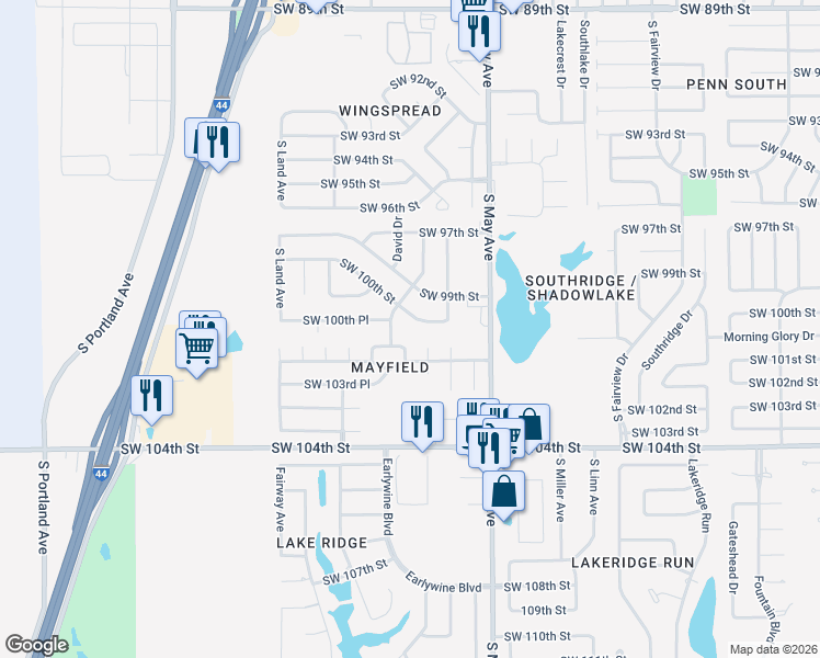 map of restaurants, bars, coffee shops, grocery stores, and more near 10108 South Drexel Avenue in Oklahoma City