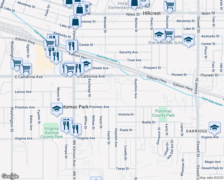 map of restaurants, bars, coffee shops, grocery stores, and more near 1103 Vansite Street in Bakersfield