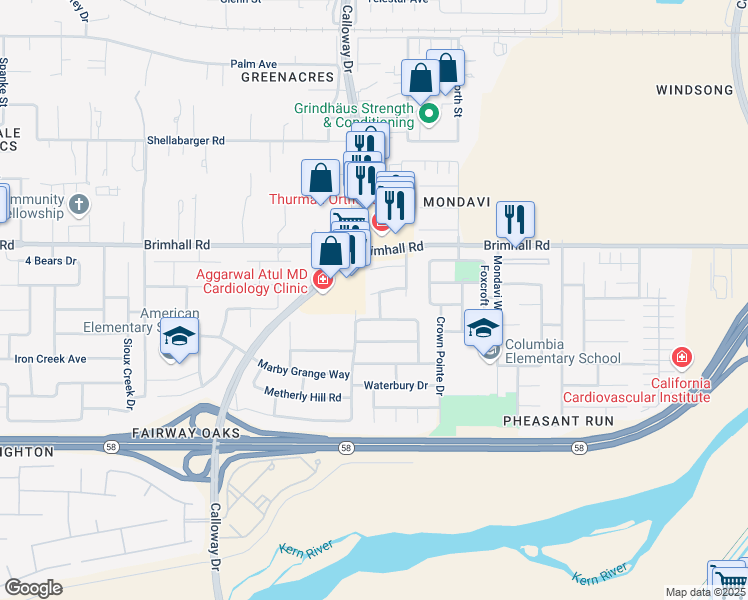map of restaurants, bars, coffee shops, grocery stores, and more near 915 Shepperton Drive in Bakersfield