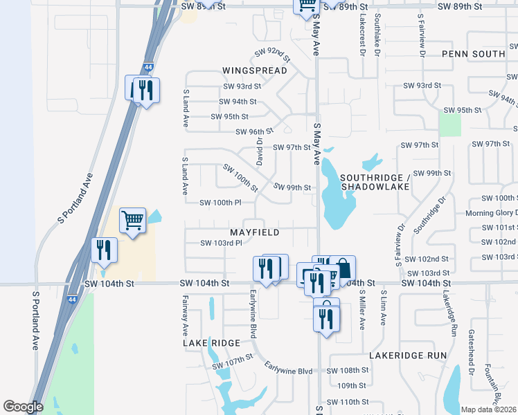 map of restaurants, bars, coffee shops, grocery stores, and more near 10108 South Drexel Avenue in Oklahoma City