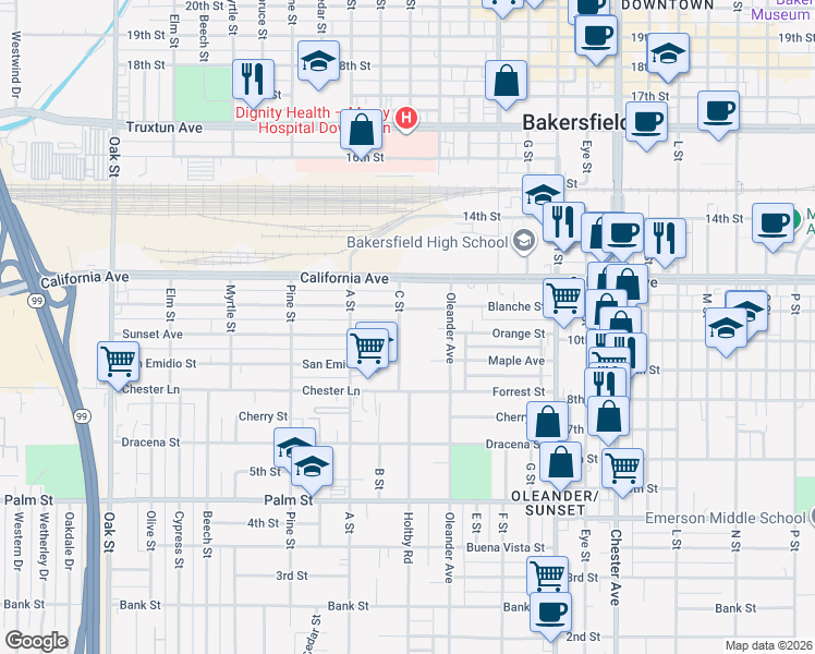 map of restaurants, bars, coffee shops, grocery stores, and more near 1004 C Street in Bakersfield