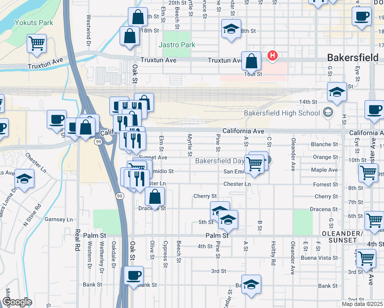 map of restaurants, bars, coffee shops, grocery stores, and more near 2730 Sunset Avenue in Bakersfield