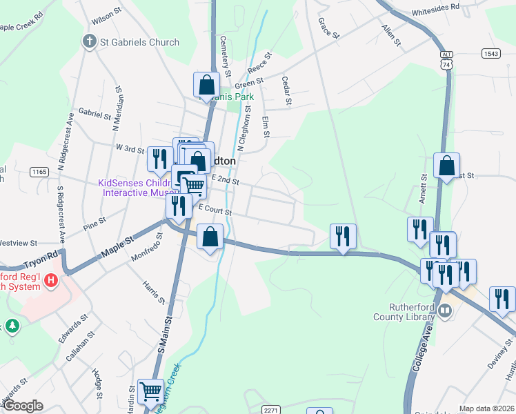 map of restaurants, bars, coffee shops, grocery stores, and more near 120 Cowan Street in Rutherfordton