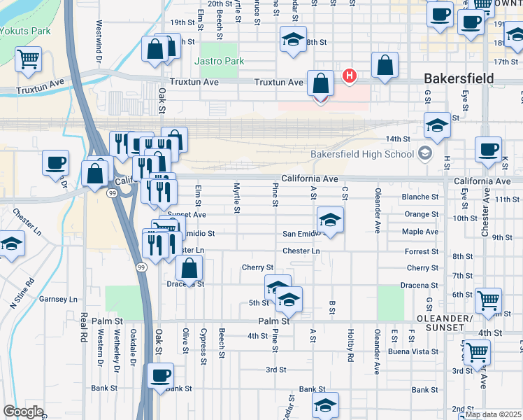 map of restaurants, bars, coffee shops, grocery stores, and more near 2624 Sunset Avenue in Bakersfield