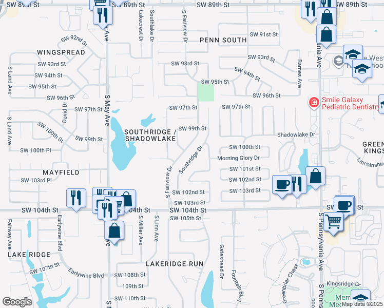 map of restaurants, bars, coffee shops, grocery stores, and more near 10047 Southridge Drive in Oklahoma City