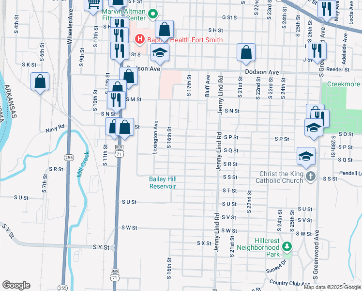 map of restaurants, bars, coffee shops, grocery stores, and more near 1625 South Q Street in Fort Smith