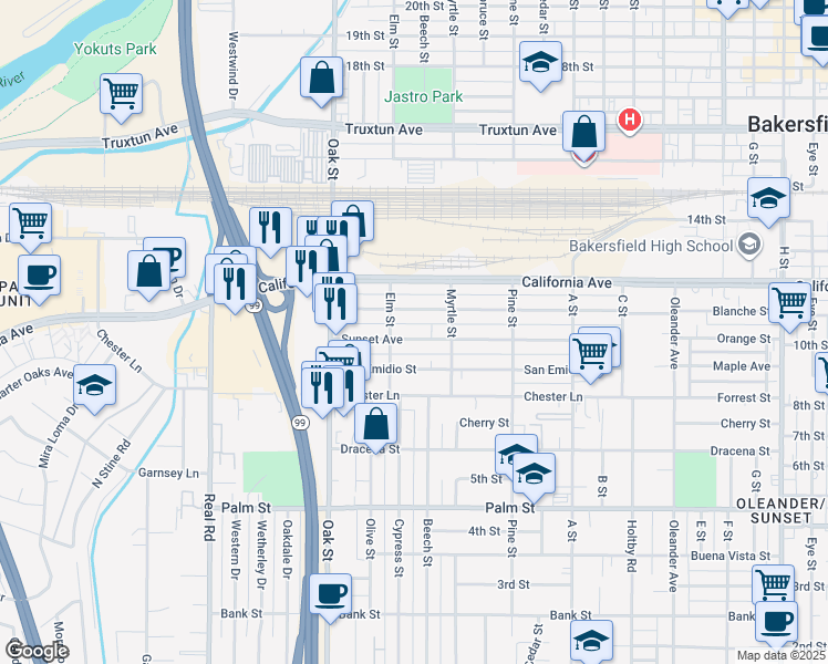 map of restaurants, bars, coffee shops, grocery stores, and more near 2902 Sunset Avenue in Bakersfield