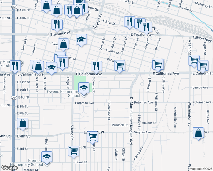 map of restaurants, bars, coffee shops, grocery stores, and more near 1004 South Robinson Street in Bakersfield