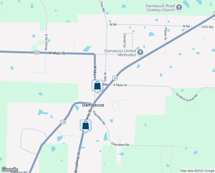 map of restaurants, bars, coffee shops, grocery stores, and more near U.S. 65 in Damascus