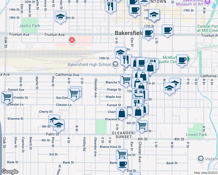 map of restaurants, bars, coffee shops, grocery stores, and more near 1836 Orange Street in Bakersfield