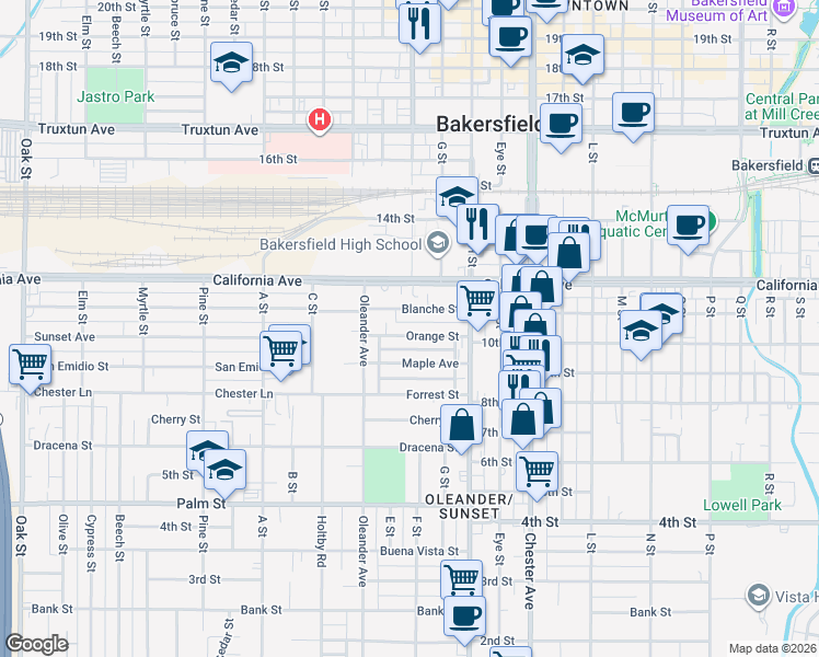 map of restaurants, bars, coffee shops, grocery stores, and more near 1900 Orange Street in Bakersfield