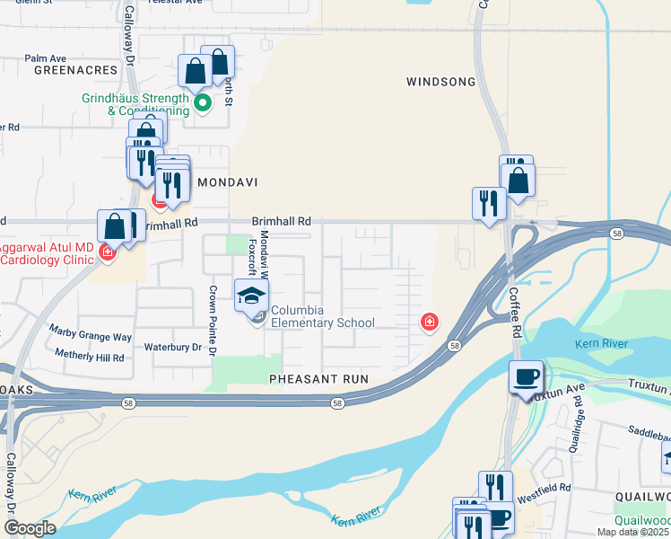 map of restaurants, bars, coffee shops, grocery stores, and more near 1000 Sand Creek Drive in Bakersfield
