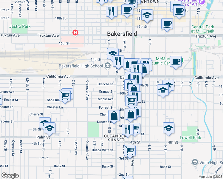map of restaurants, bars, coffee shops, grocery stores, and more near 1720 Orange Street in Bakersfield