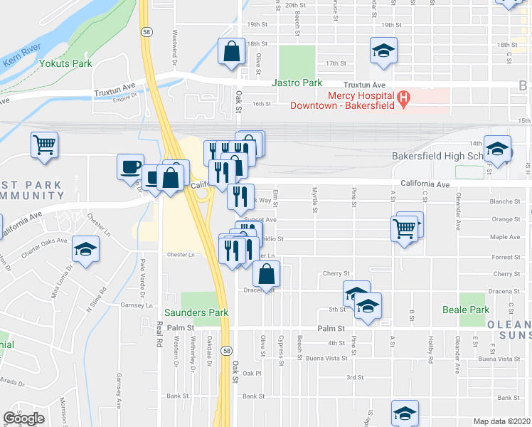 map of restaurants, bars, coffee shops, grocery stores, and more near 3016 Sunset Avenue in Bakersfield