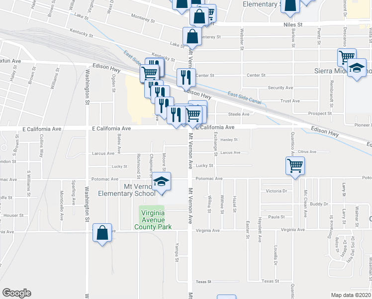 map of restaurants, bars, coffee shops, grocery stores, and more near 930 Mount Vernon Avenue in Bakersfield