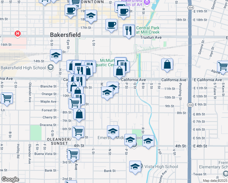 map of restaurants, bars, coffee shops, grocery stores, and more near 1008 O Street in Bakersfield