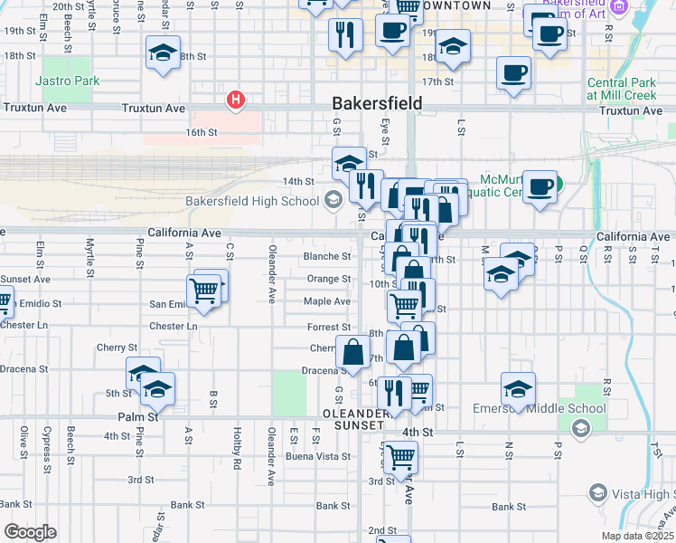 map of restaurants, bars, coffee shops, grocery stores, and more near 1720 Orange Street in Bakersfield