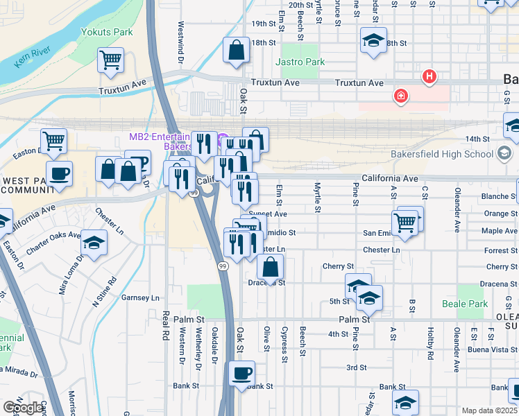 map of restaurants, bars, coffee shops, grocery stores, and more near 3016 Sunset Avenue in Bakersfield