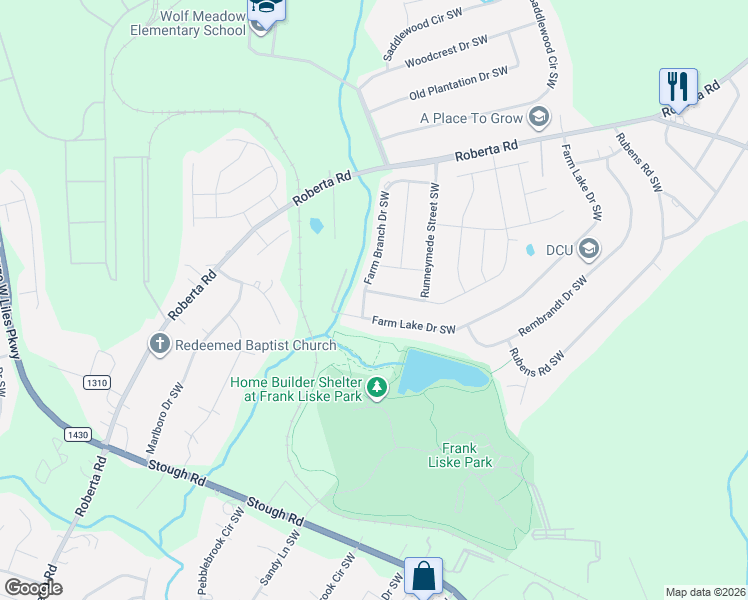 map of restaurants, bars, coffee shops, grocery stores, and more near 1419 Kent Downs Avenue Southwest in Concord