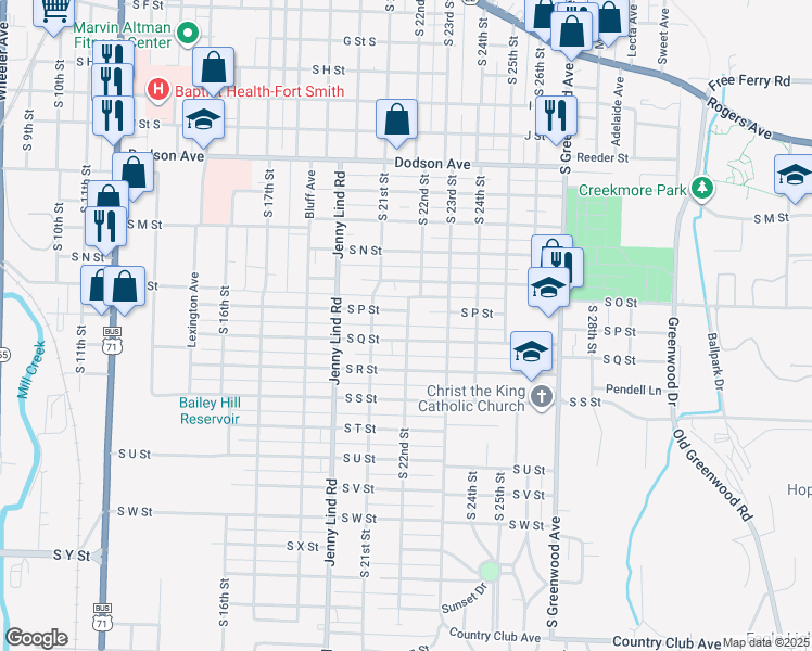 map of restaurants, bars, coffee shops, grocery stores, and more near 2125 South Q Street in Fort Smith